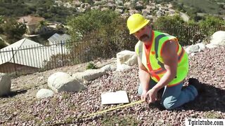 Construction worker drills the ass of two horny TS