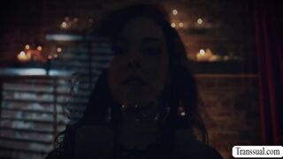 Busty witch summons two shemale and get fucked