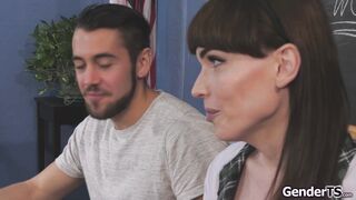 Shemale Natalie Mars analed in classroom