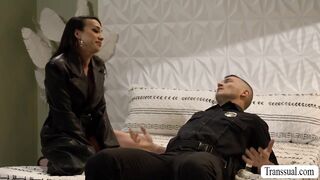Hunk cops pound the ass of this slut TS