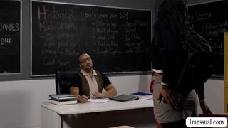 Busty TS gives teacher titjob for her grades