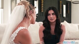 Runaway bride licks her bffs hairy pussy